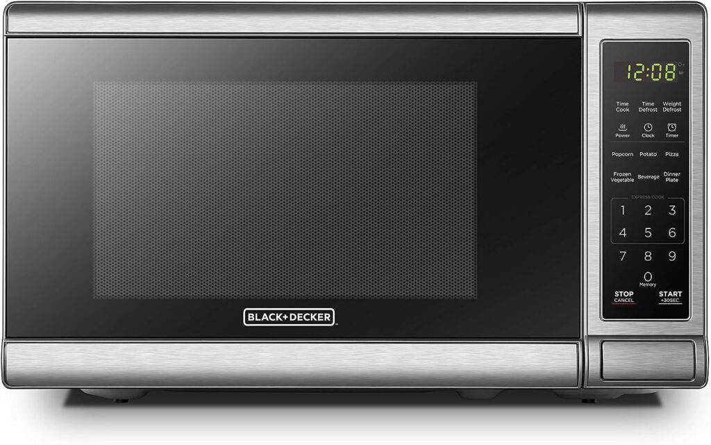 BLACK+DECKER EM720CB7 Digital Microwave Oven with Turntable Push-Button Door, Child Safety Lock, 700W, Stainless Steel, 0.7 Cu.ft