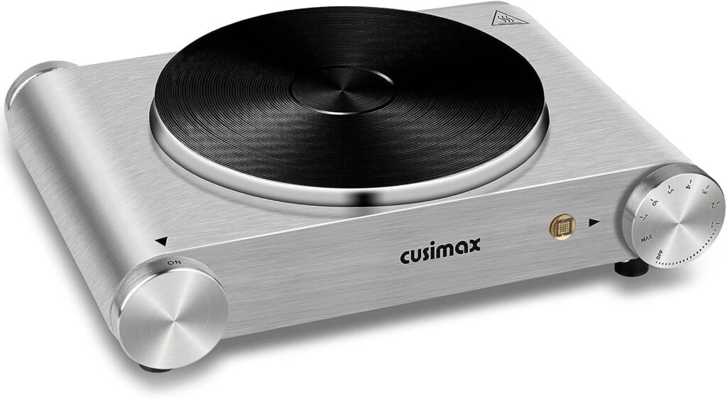 CUSIMAX Electric Hot Plate 1500W Single Burner Cast Iron Hot Plates for cooking Portable Stove Electric Burner with Adjustable Temperature Control Silver Stainless Steel Non-Slip Rubber Feet