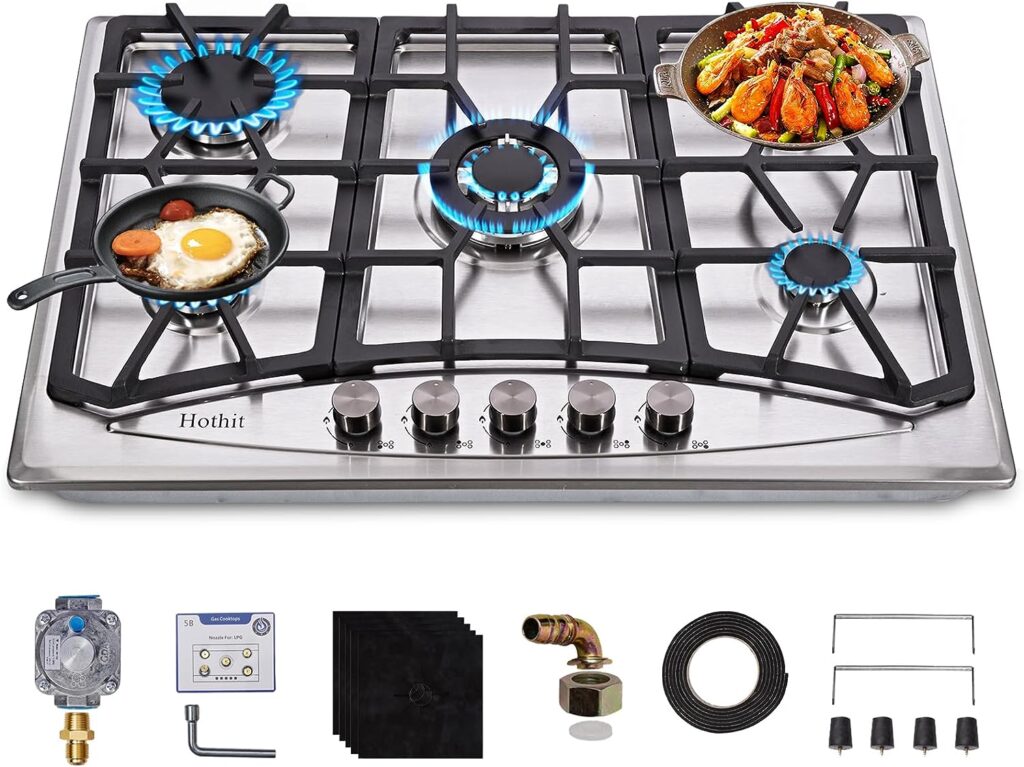 Hothit Propane Gas Cooktop 30 Inch, 5 Burner Built-in Stainless Steel Gas Stove Top, LPG/NG Dual Fuel, Include Gas Pressure Regulator Gas Range(L30×W20)