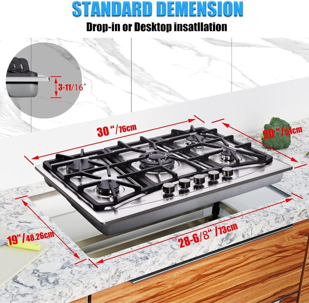 Hothit Propane Gas Cooktop 30 Inch, 5 Burner Built-in Stainless Steel Gas Stove Top, LPG/NG Dual Fuel, Include Gas Pressure Regulator Gas Range(L30×W20)