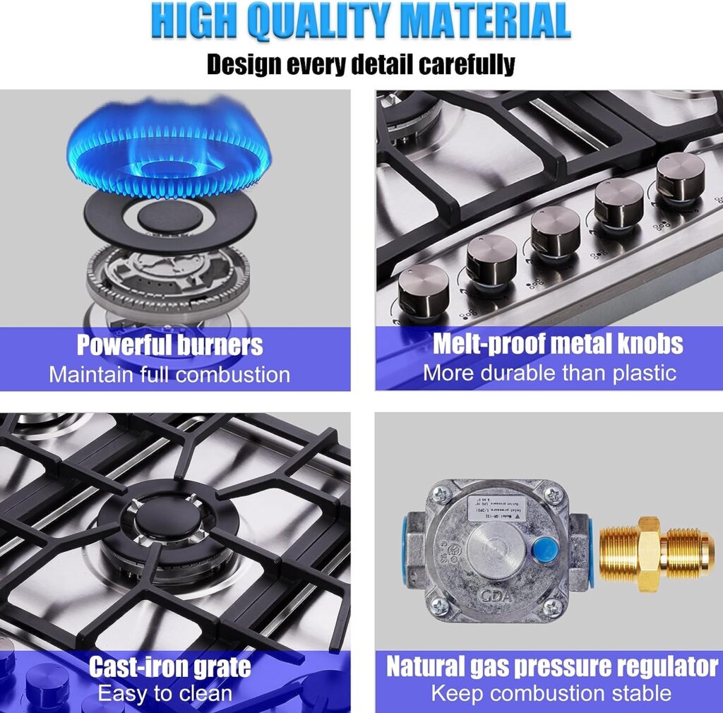 Hothit Propane Gas Cooktop 30 Inch, 5 Burner Built-in Stainless Steel Gas Stove Top, LPG/NG Dual Fuel, Include Gas Pressure Regulator Gas Range(L30×W20)