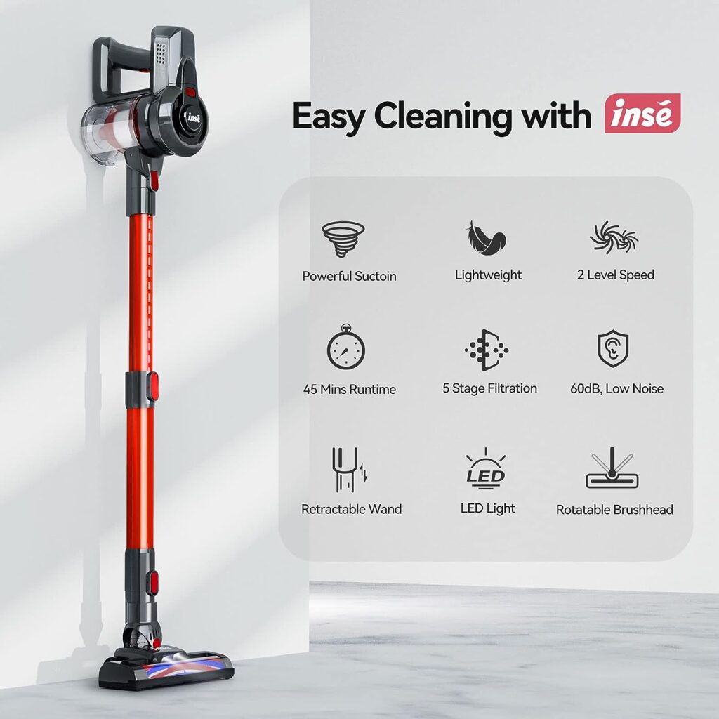 INSE Cordless Vacuum Cleaner, 6-in-1 Powerful Stick Vacuum, Rechargeable Vacuum Cleaner with 2200m-A-h Battery Up to 45 Mins Runtime, Lightweight Handheld Vacuum for Home Hard Floor Carpet Pet Hair