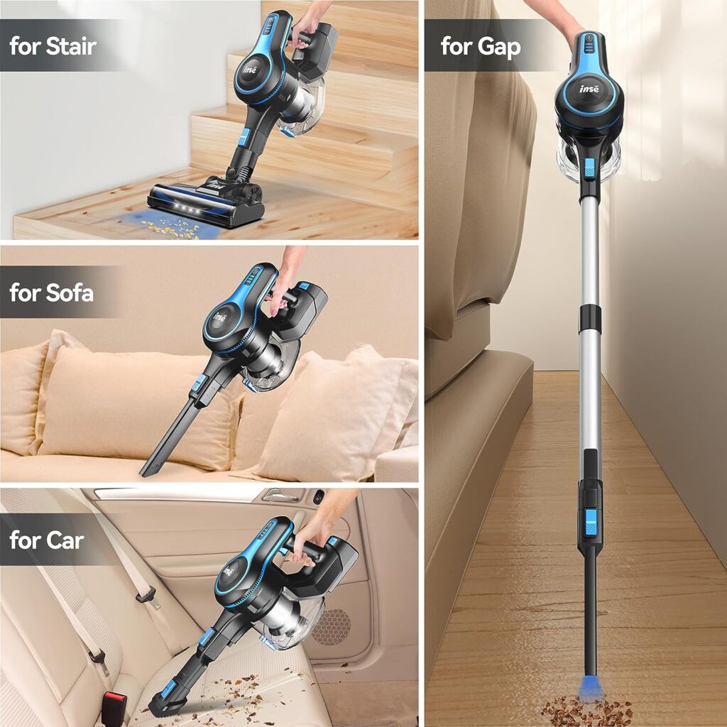 INSE Cordless Vacuum Cleaner, 6-in-1 Rechargeable Stick Vacuum with 2200 m-A-h Battery, Powerful Lightweight Cordless Vacuum, Up to 45 Mins Runtime, for Home Hard Floor Carpet Pet Hair-N5S Sapphire