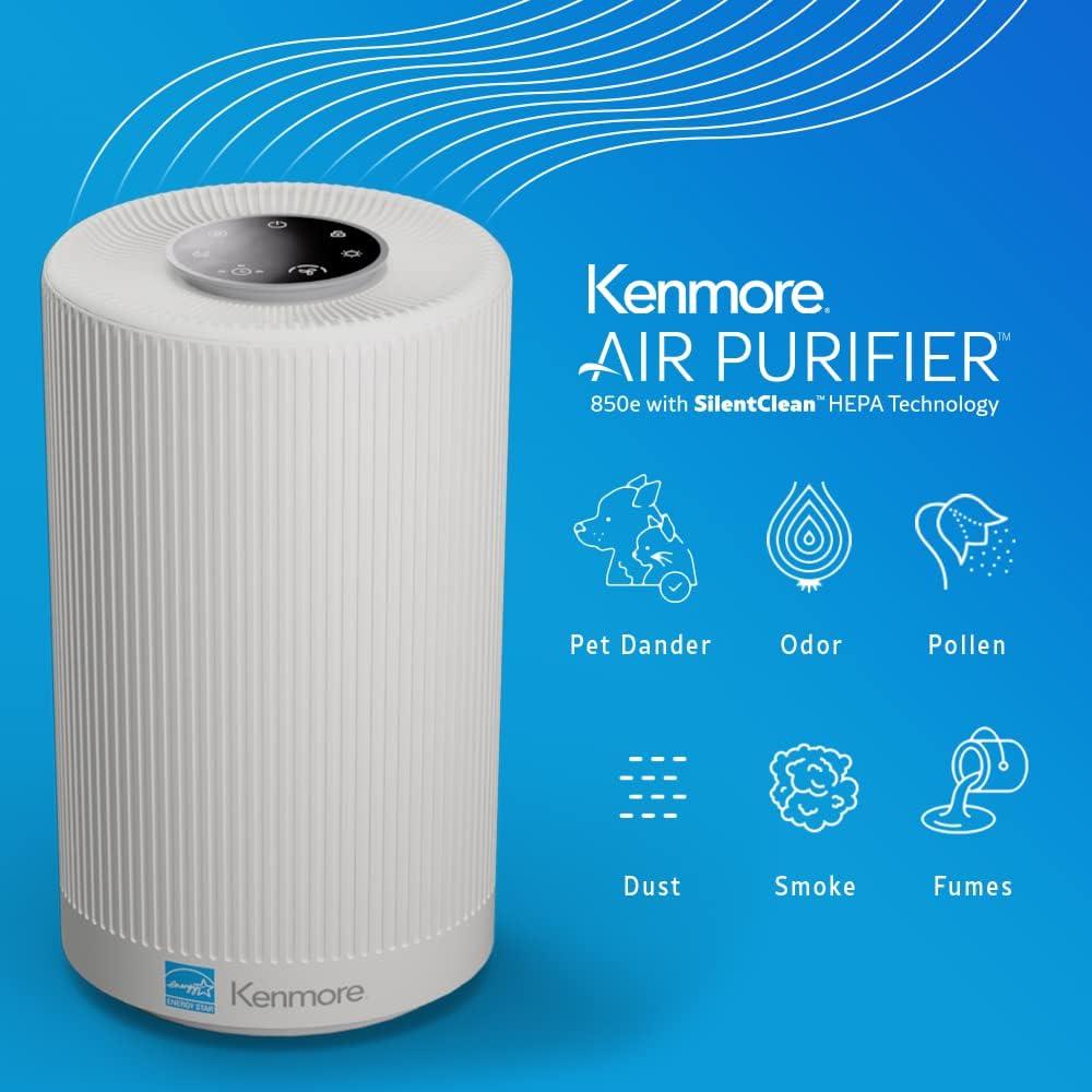 Kenmore PM1005 Air Purifier with H13 True HEPA Filter, Covers Up to 850 Sq.Foot, 25db SilentClean 3-Stage HEPA Filtration System for Office  Bedroom