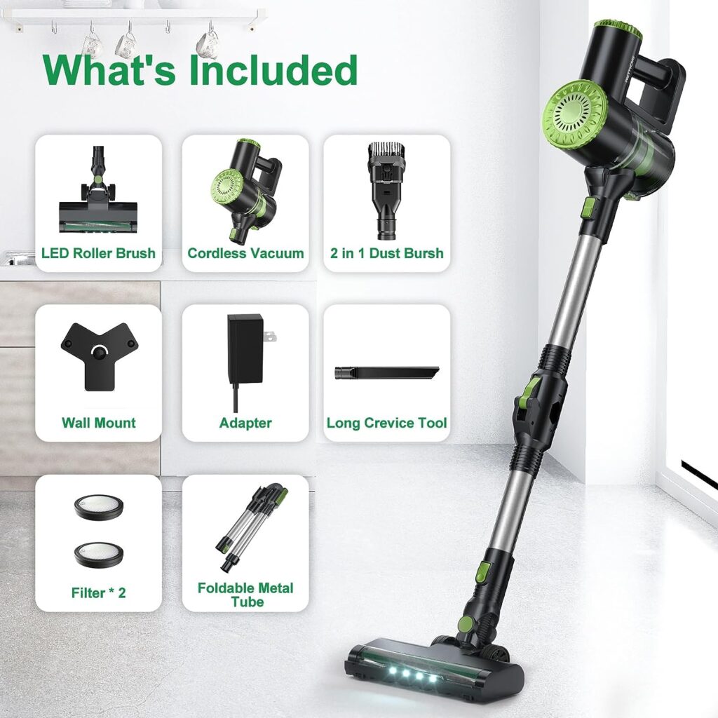 PRETTYCARE Cordless Vacuum Cleaner, 6 in 1 Lightweight Stick Vacuum Self-Standing with Powerful Suction, 180° Bendable Wand Rechargeable Cordless Vacuum for Hardwood Floor Pet Hair (Green)