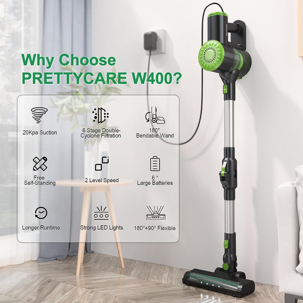 PRETTYCARE Cordless Vacuum Cleaner, 6 in 1 Lightweight Stick Vacuum Self-Standing with Powerful Suction, 180° Bendable Wand Rechargeable Cordless Vacuum for Hardwood Floor Pet Hair (Green)