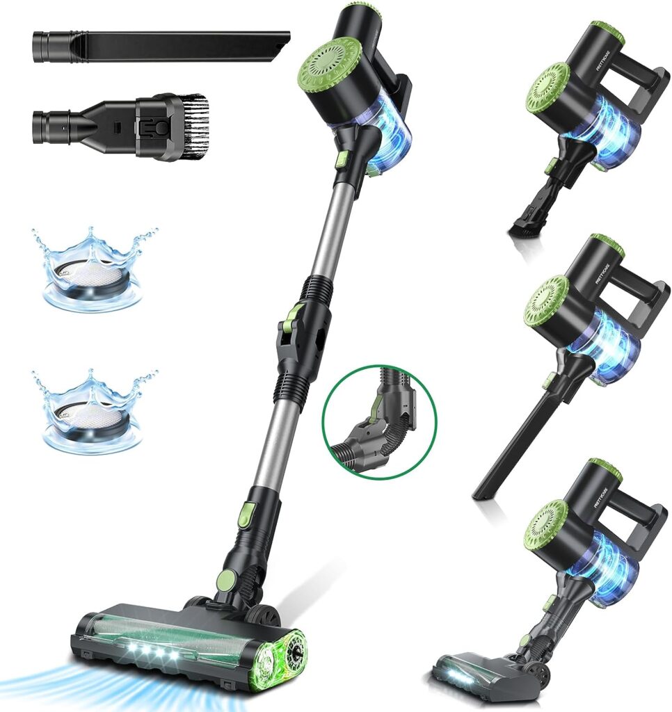 PRETTYCARE Cordless Vacuum Cleaner, 6 in 1 Lightweight Stick Vacuum Self-Standing with Powerful Suction, 180° Bendable Wand Rechargeable Cordless Vacuum for Hardwood Floor Pet Hair (Green)