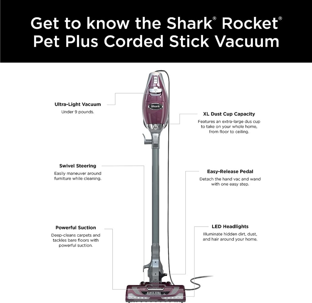 Shark HV322 Rocket Deluxe Pro Corded Stick Vacuum with LED Headlights, XL Dust Cup, Lightweight, Perfect for Pet Hair Pickup, Converts to a Hand Vacuum, with Pet Attachments, Bordeaux/Silver