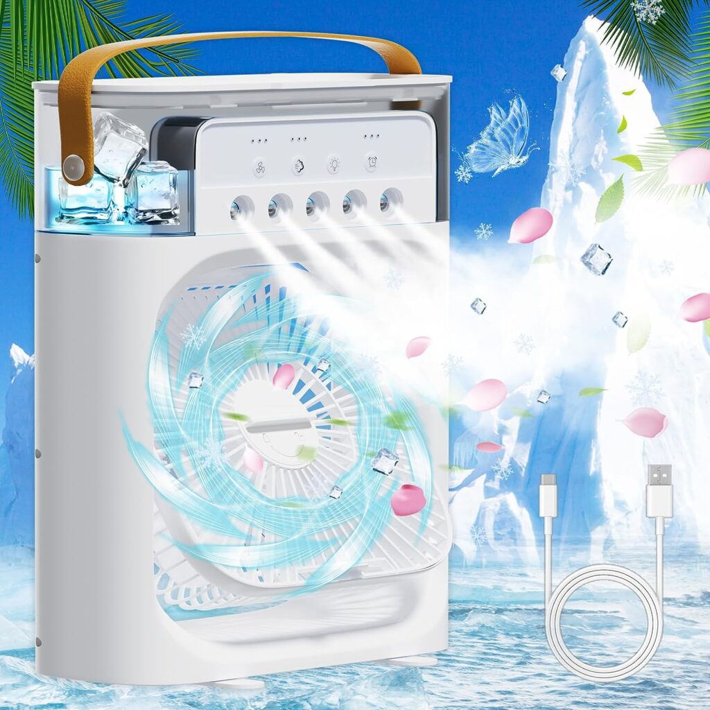 4-IN-1 Portable Air Conditioners Fan, Personal Mini Air Conditioner with 3-Speeds/5 Humidifier Misting Hole/7 Colors Light, USB Handle Evaporative Cooler with Auto Timer for Room Office Travel (ST-2308)