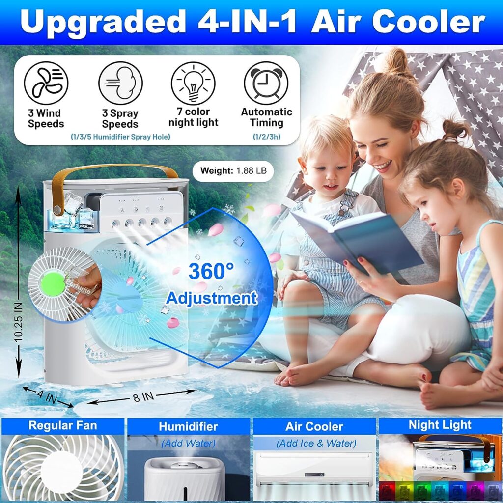 4-IN-1 Portable Air Conditioners Fan, Personal Mini Air Conditioner with 3-Speeds/5 Humidifier Misting Hole/7 Colors Light, USB Handle Evaporative Cooler with Auto Timer for Room Office Travel (ST-2308)