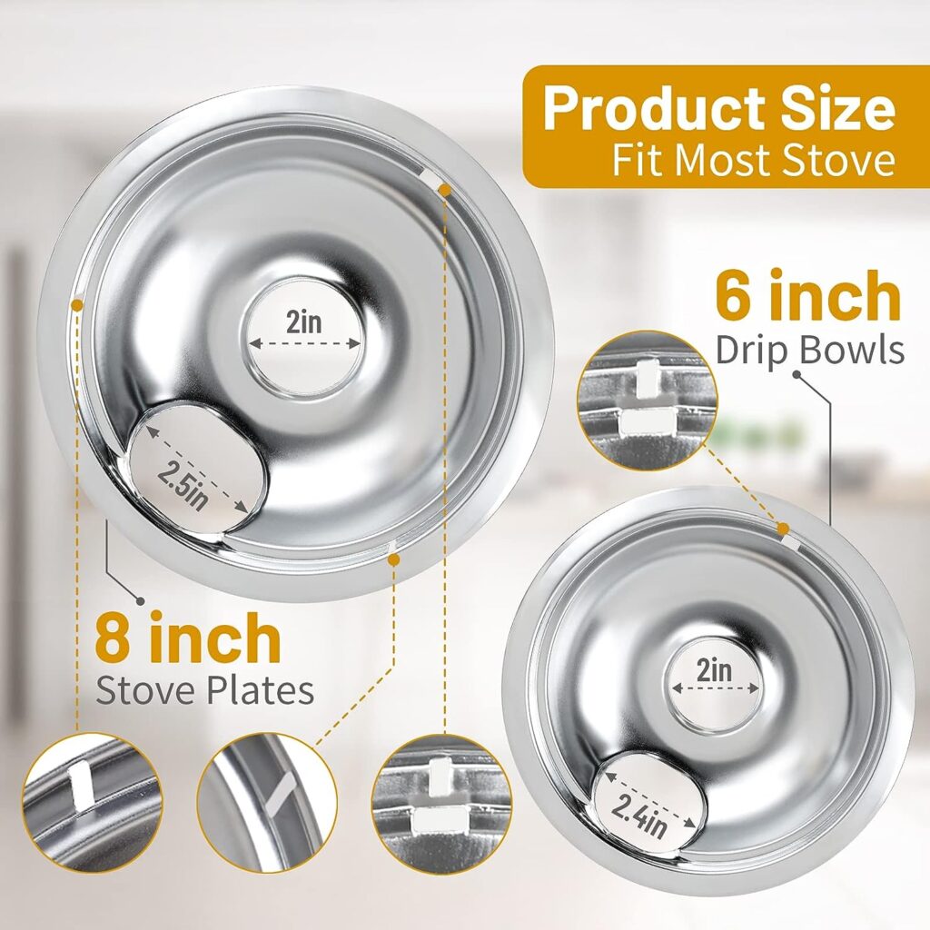 4 Pack Chrome Drip Pans, Compatible with Whirpool Kenmore Frigirate Stove Top Drip Bowls. Include 2 Pcs 6 Range Replacement Drip Pans and 2 Pcs 8  Cooktop Drip Pans