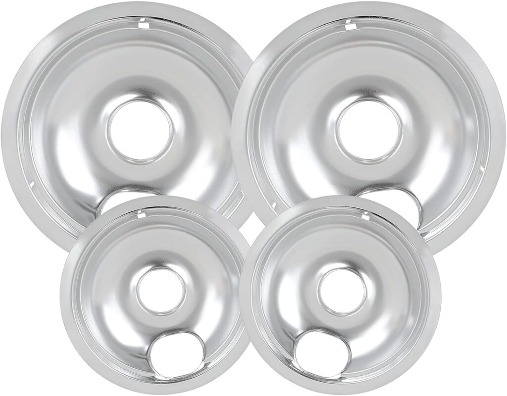 4 Pack Chrome Drip Pans, Compatible with Whirpool Kenmore Frigirate Stove Top Drip Bowls. Include 2 Pcs 6 Range Replacement Drip Pans and 2 Pcs 8  Cooktop Drip Pans