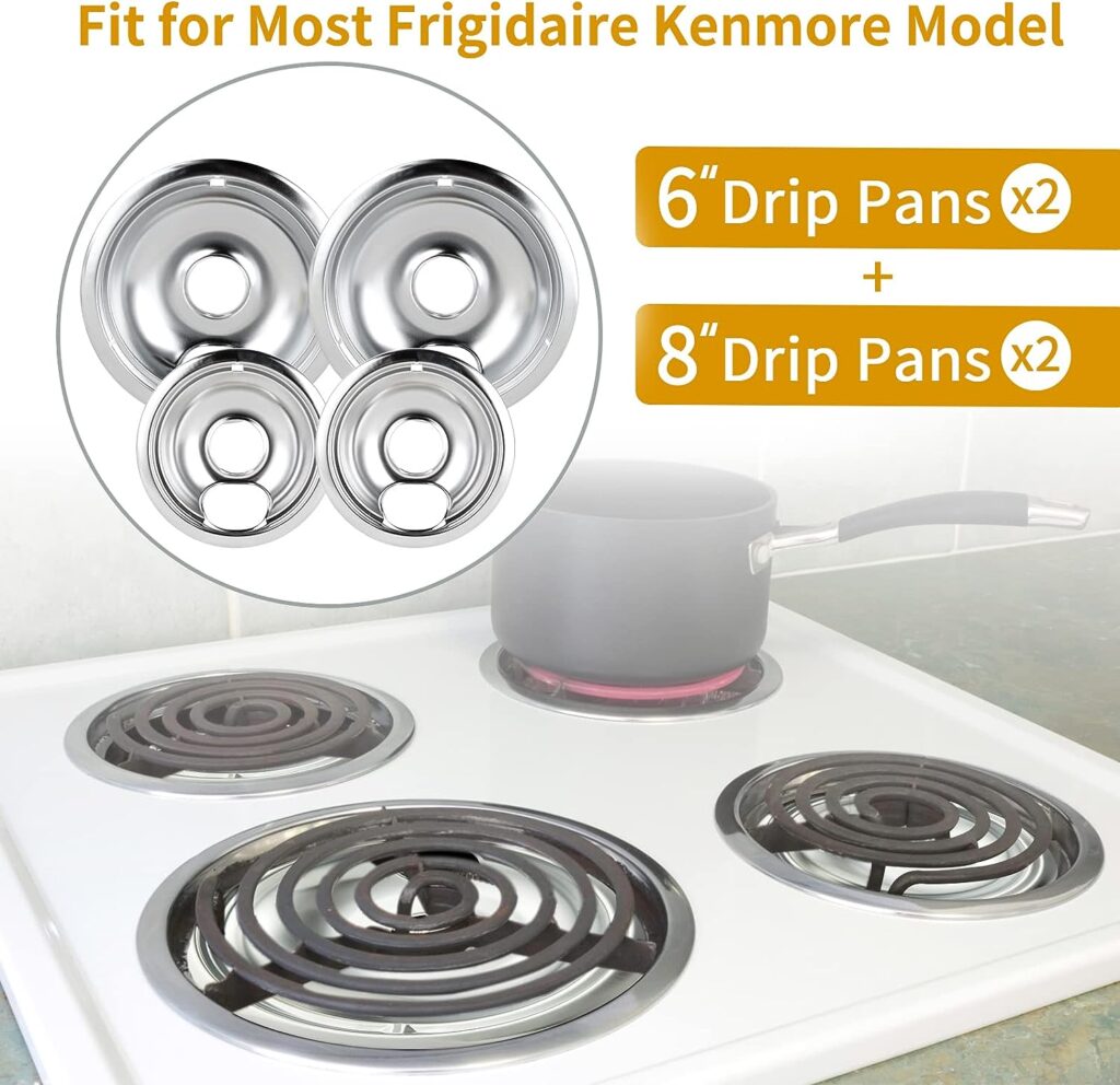 4 Pack Chrome Drip Pans, Compatible with Whirpool Kenmore Frigirate Stove Top Drip Bowls. Include 2 Pcs 6 Range Replacement Drip Pans and 2 Pcs 8  Cooktop Drip Pans