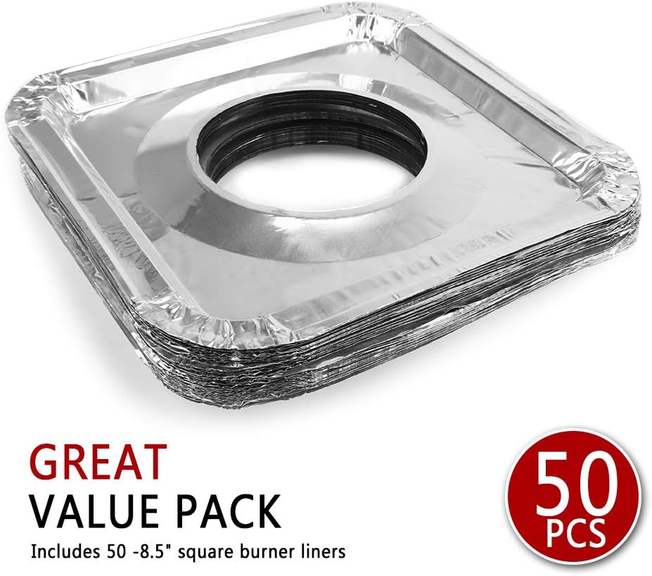 Aluminum Foil Gas Stove Burner Liners, 50 Pack Stove Burner Covers Disposable Square Stove Bib Liners Gas Rangetop Protectors Cooktop Replacement Keep Stove Clean Square 8.5