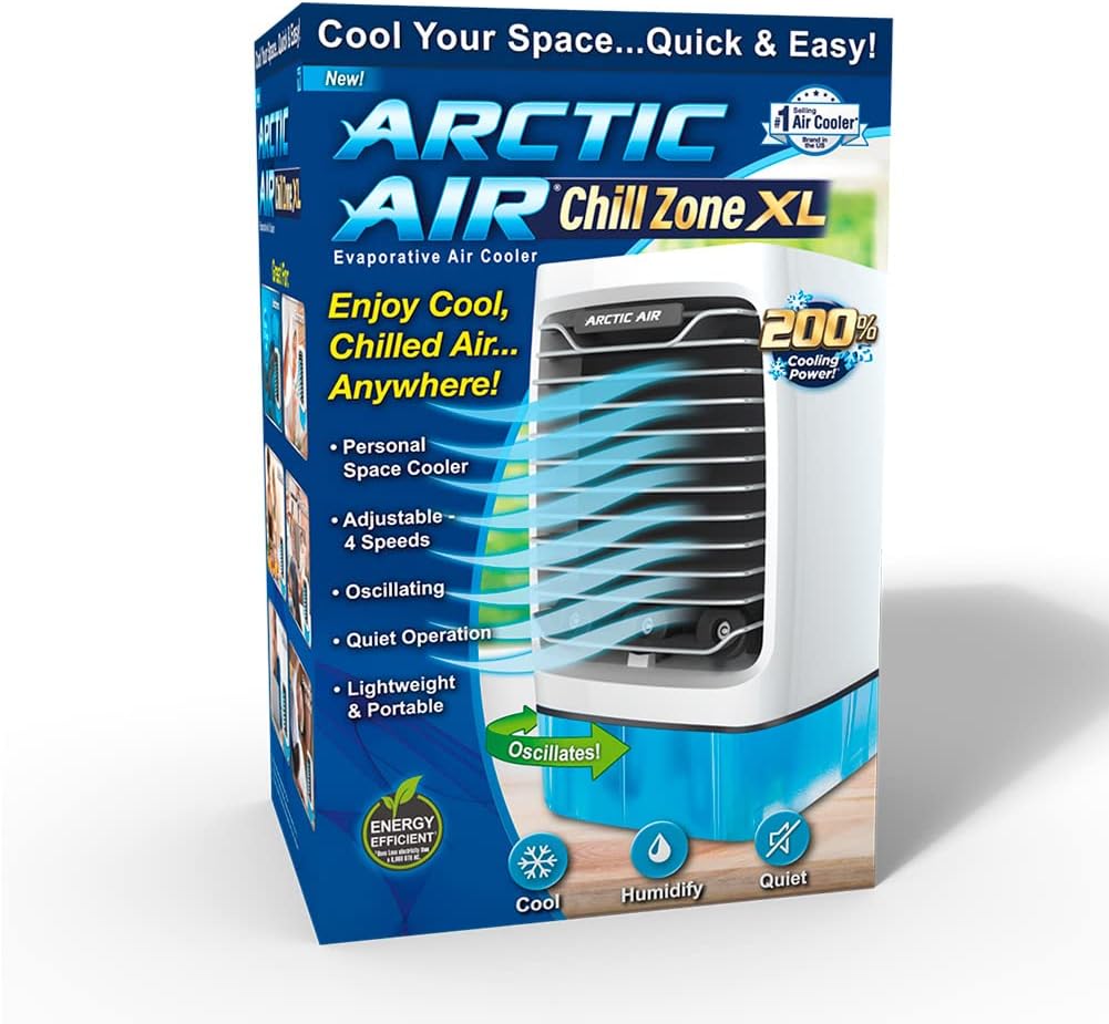 Arctic Air Chill Zone XL Evaporative Cooler with Oscillating Fan, Auto-Off Timer, Portable Fan with 4 Adjustable Speeds, 16-Hour Cooling Fan for Bedroom, Living Room, Office  More,White