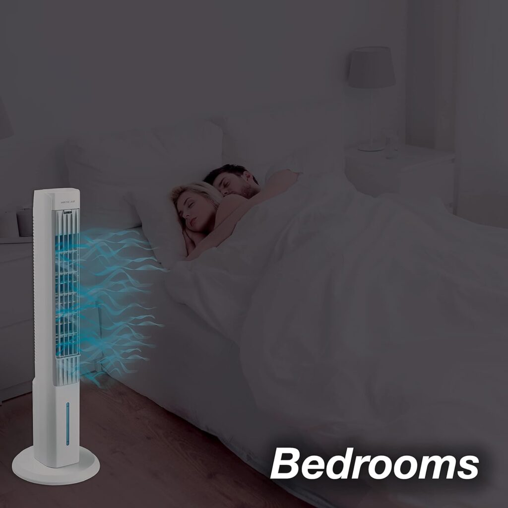 Arctic Air Tower+ Indoor Evaporative Cooler with Oscillating and Quiet Fan Function, Auto-Off Timer, 4 Fan Speeds, LED Night Light, 16-Hour Cooling, Fan for Bedroom, Living Room, Office  More,White