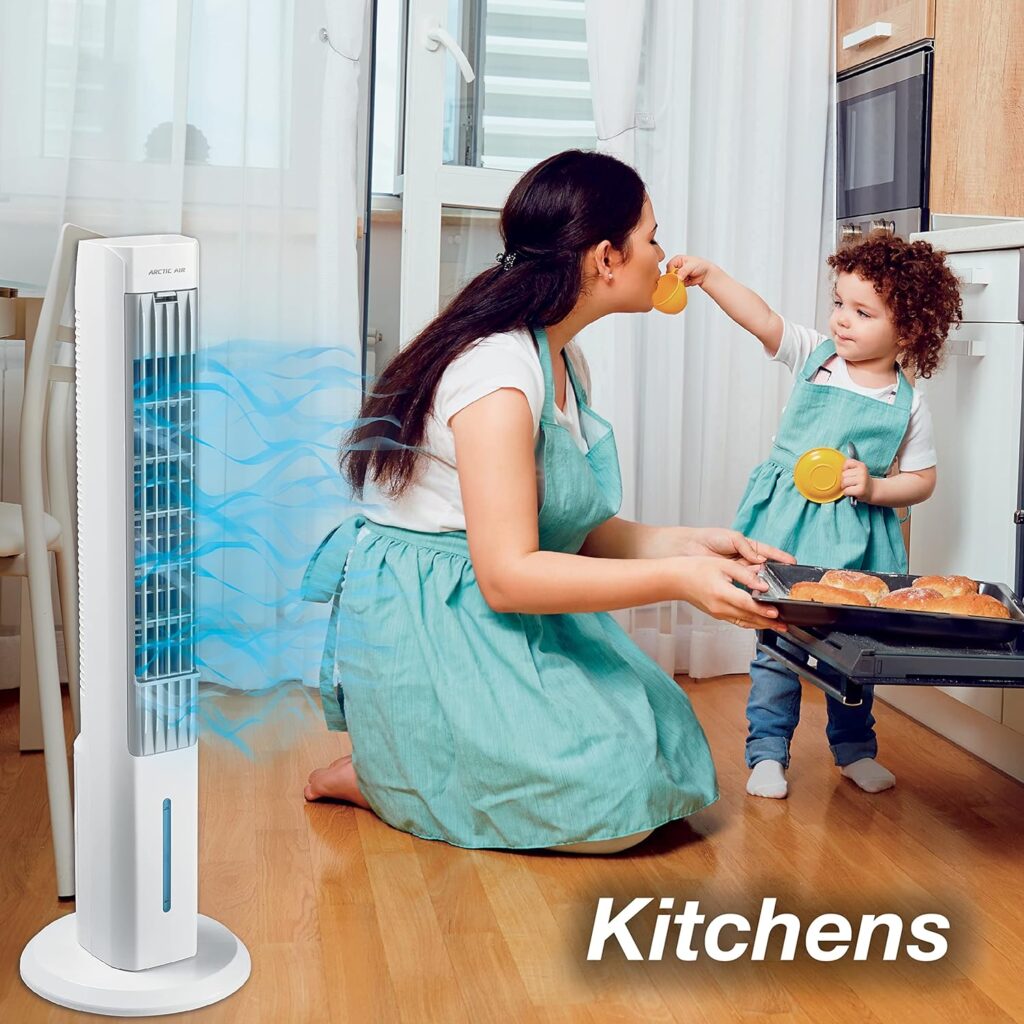 Arctic Air Tower+ Indoor Evaporative Cooler with Oscillating and Quiet Fan Function, Auto-Off Timer, 4 Fan Speeds, LED Night Light, 16-Hour Cooling, Fan for Bedroom, Living Room, Office  More,White