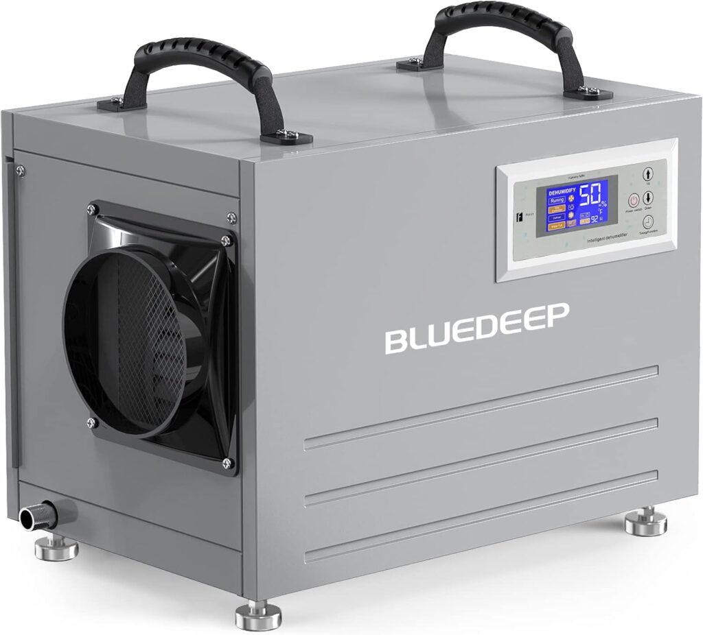 BLUEDEEP Basement/Crawl Space Dehumidifier,120 Pints Auto Defrost Commercial Dehumidifier with Drain Hose for Warehouse, Water Damage Storage,1 Years Warranty