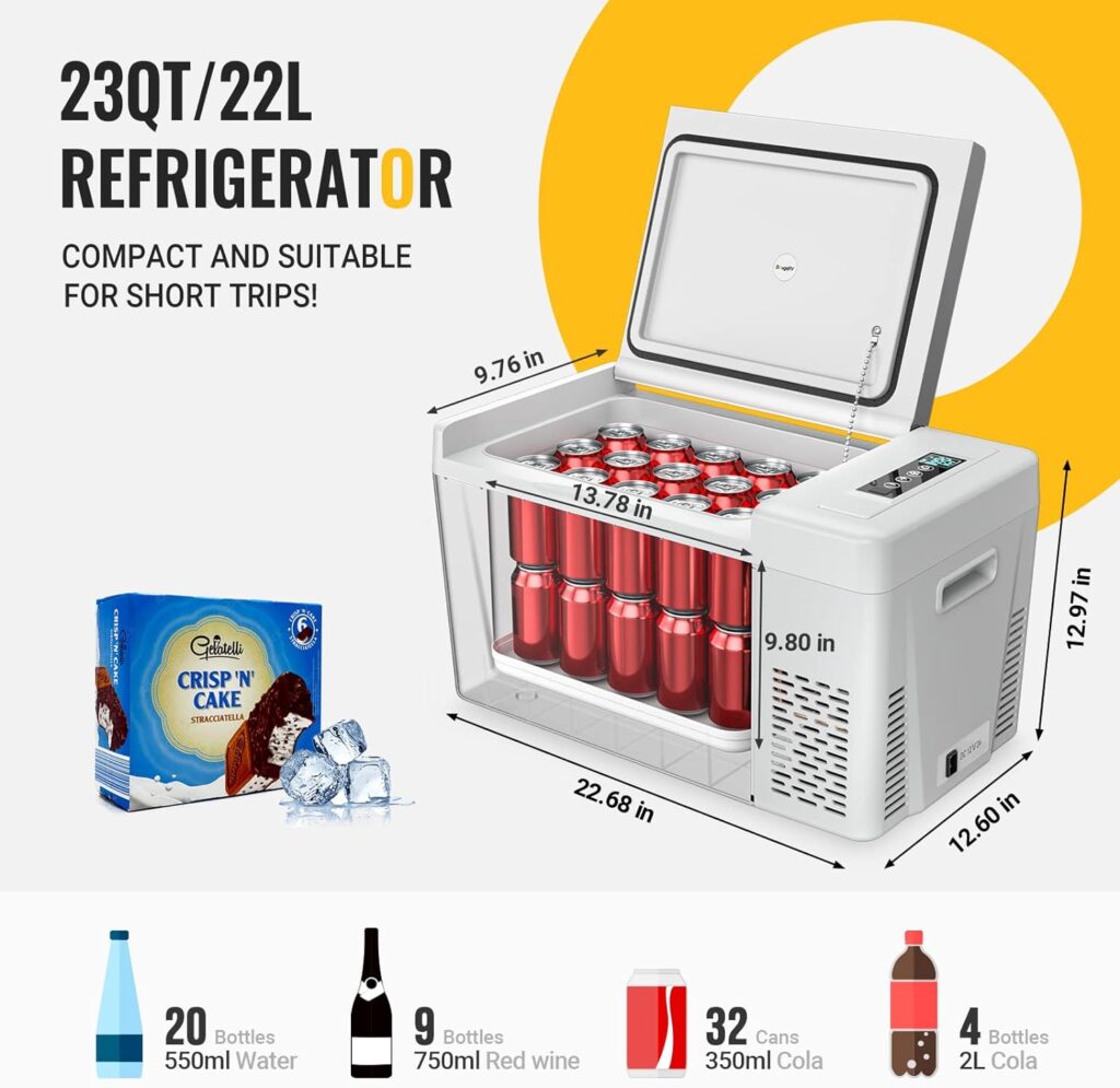 BougeRV 12 Volt Refrigerator 12V Car Fridge 23 Quart Portable Freezer Compressor Cooler 12/24V DC 110~240 Volt AC for Truck Van RV Camper SUV Boat Travel Camping Road Trips Tailgating -7℉~50℉