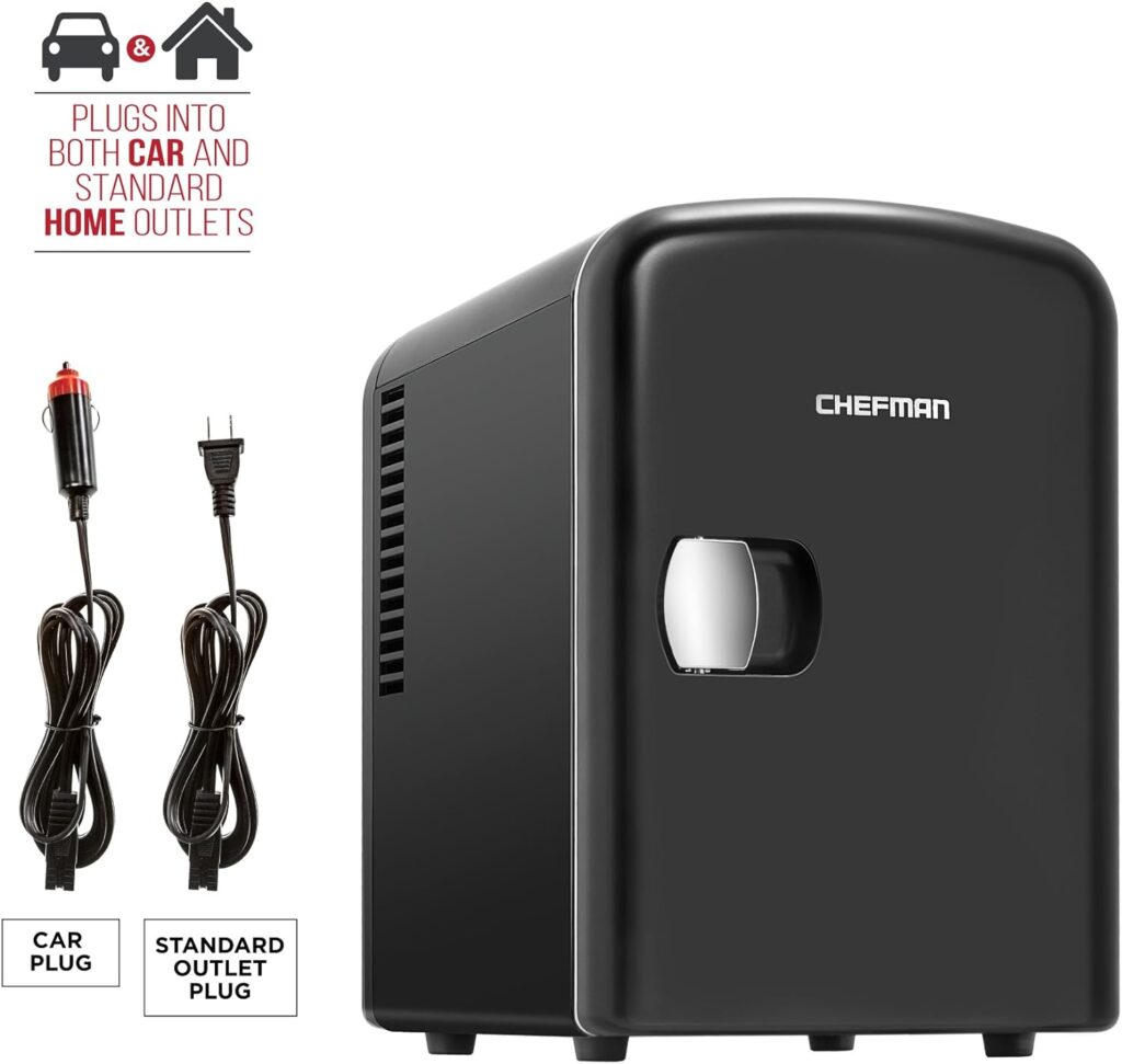 Chefman Mini Portable Black Personal Fridge Cools Or Heats and Provides Compact Storage For Skincare, Snacks, Or 6 12oz Cans W/A Lightweight 4-liter Capacity To Take On The Go