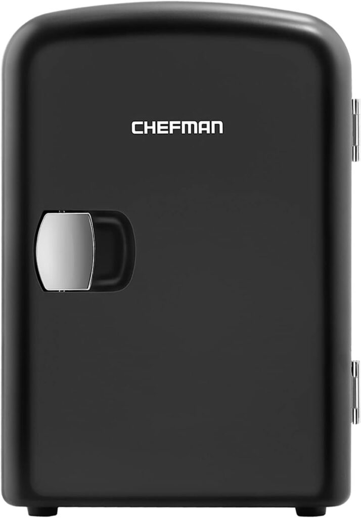 Chefman Mini Portable Black Personal Fridge Cools Or Heats and Provides Compact Storage For Skincare, Snacks, Or 6 12oz Cans W/A Lightweight 4-liter Capacity To Take On The Go