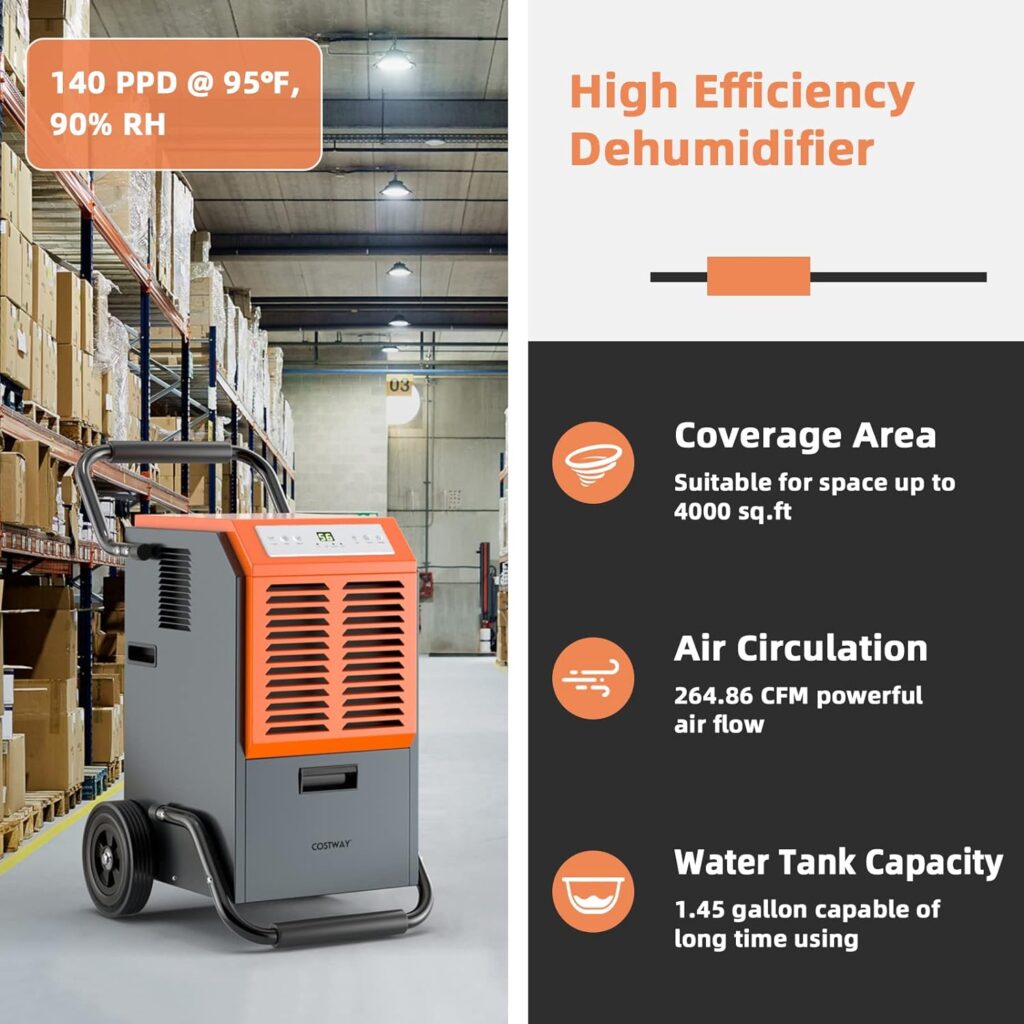 COSTWAY 140 pints Commercial Dehumidifier, Industrial Dehumidifier with 1.45 Gallon Water Tank  Drainage Pipe, 140 PPD Portable Commercial Grade Dehumidifier with Handles  Wheels for Large Basement, Warehouse, Job Site