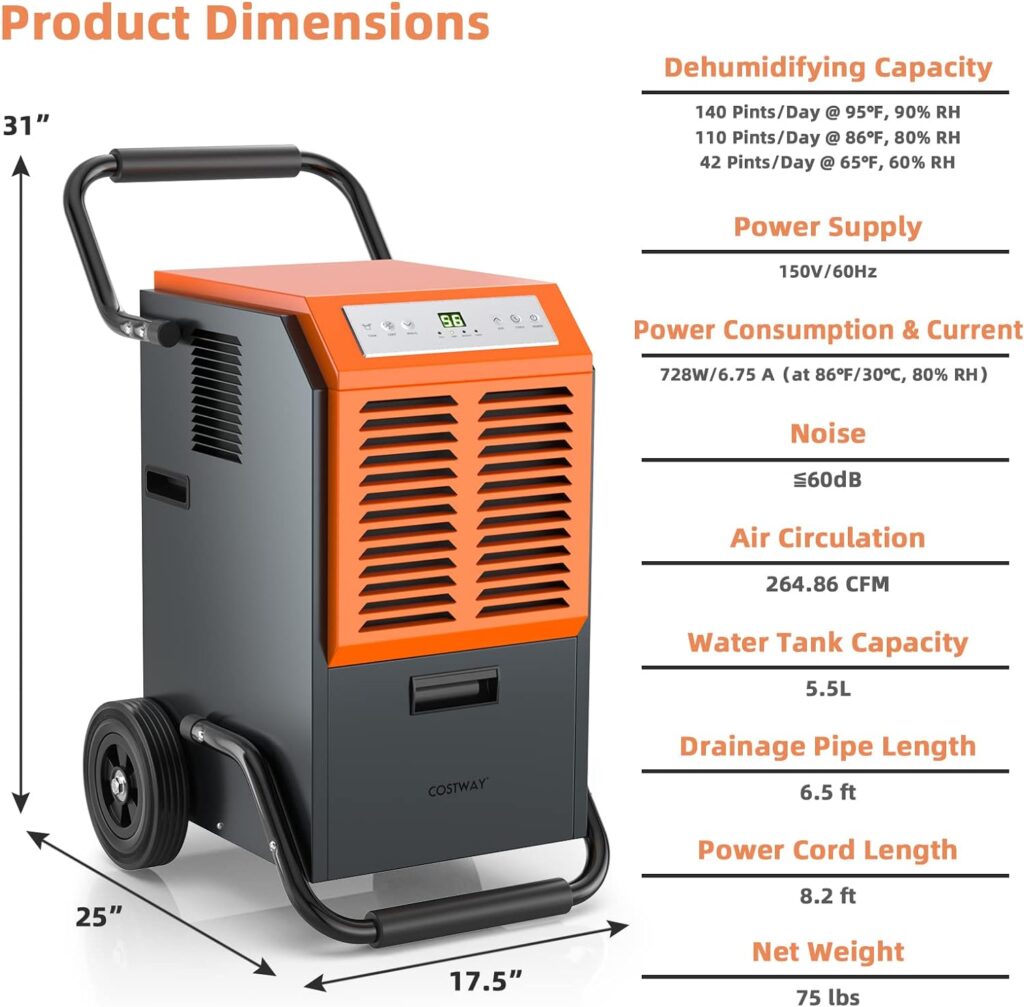 COSTWAY 140 pints Commercial Dehumidifier, Industrial Dehumidifier with 1.45 Gallon Water Tank  Drainage Pipe, 140 PPD Portable Commercial Grade Dehumidifier with Handles  Wheels for Large Basement, Warehouse, Job Site