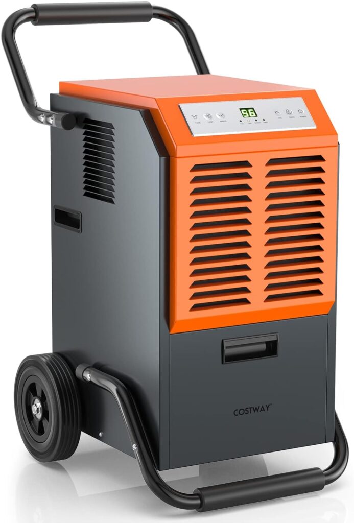 COSTWAY 140 pints Commercial Dehumidifier, Industrial Dehumidifier with 1.45 Gallon Water Tank  Drainage Pipe, 140 PPD Portable Commercial Grade Dehumidifier with Handles  Wheels for Large Basement, Warehouse, Job Site