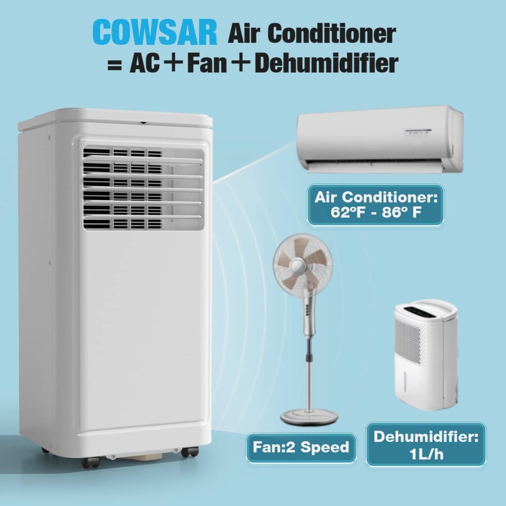 COWSAR Portable Air Conditioner, 8000BTU Air Conditioner Portable for Room Cooling Up 200sq.ft, Portable AC Unit with Dehumidifier and Fan and Remote Control  53dB Air Conditioner