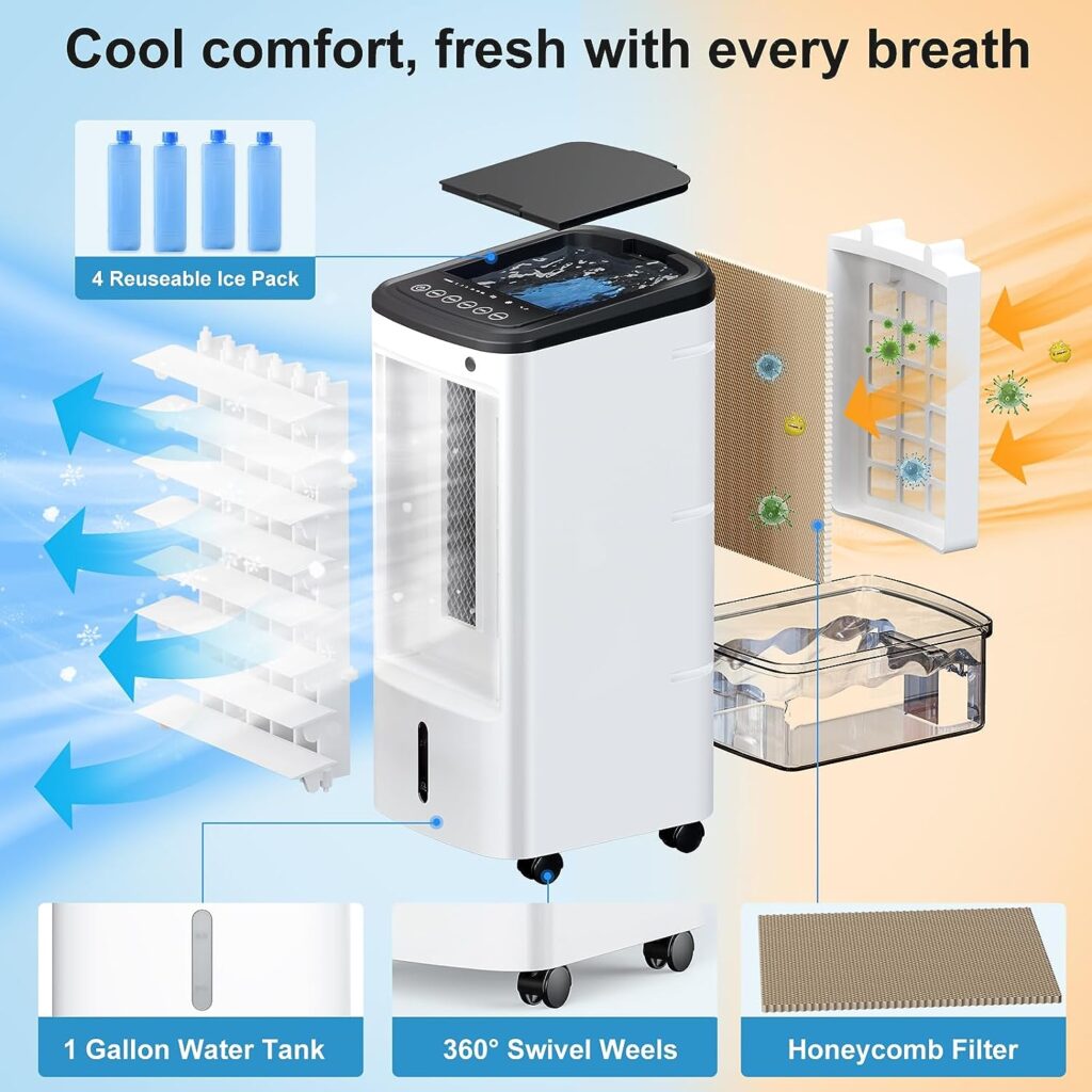 Cozzyben Air Conditioner Portable No Window Ventless Ac Unit Ductless Evaporative Swamp Cooler Ice Fan 12H Timer 4 Ice Pack Removable Water Tank for Room Bedroom Indoor