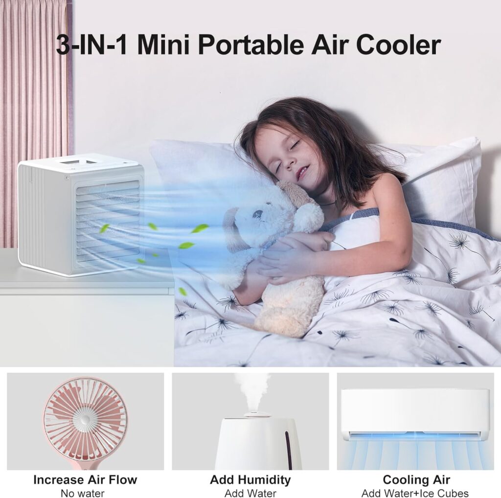 Cozzyben Mini Air Conditioner Portable Water USB Ac Unit Personal Evaporative Swamp Cooler Ice Fan for Desk Bedroom Room Car Camping Tent