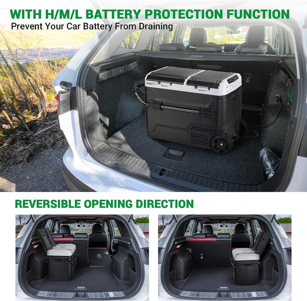 F40C4TMP 12 Volt Portable Refrigerator, 54 Quart Dual Zone Car Freezer With Independent Temperature Control, -4℉ to 68℉,51L Compressor Fridge With Wheels  2 Baskets For Camping, Travel, Road Trip, Vehicle, Car, Truck, Van, RV, Outdoor and Home--12V/24V DC  110V AC