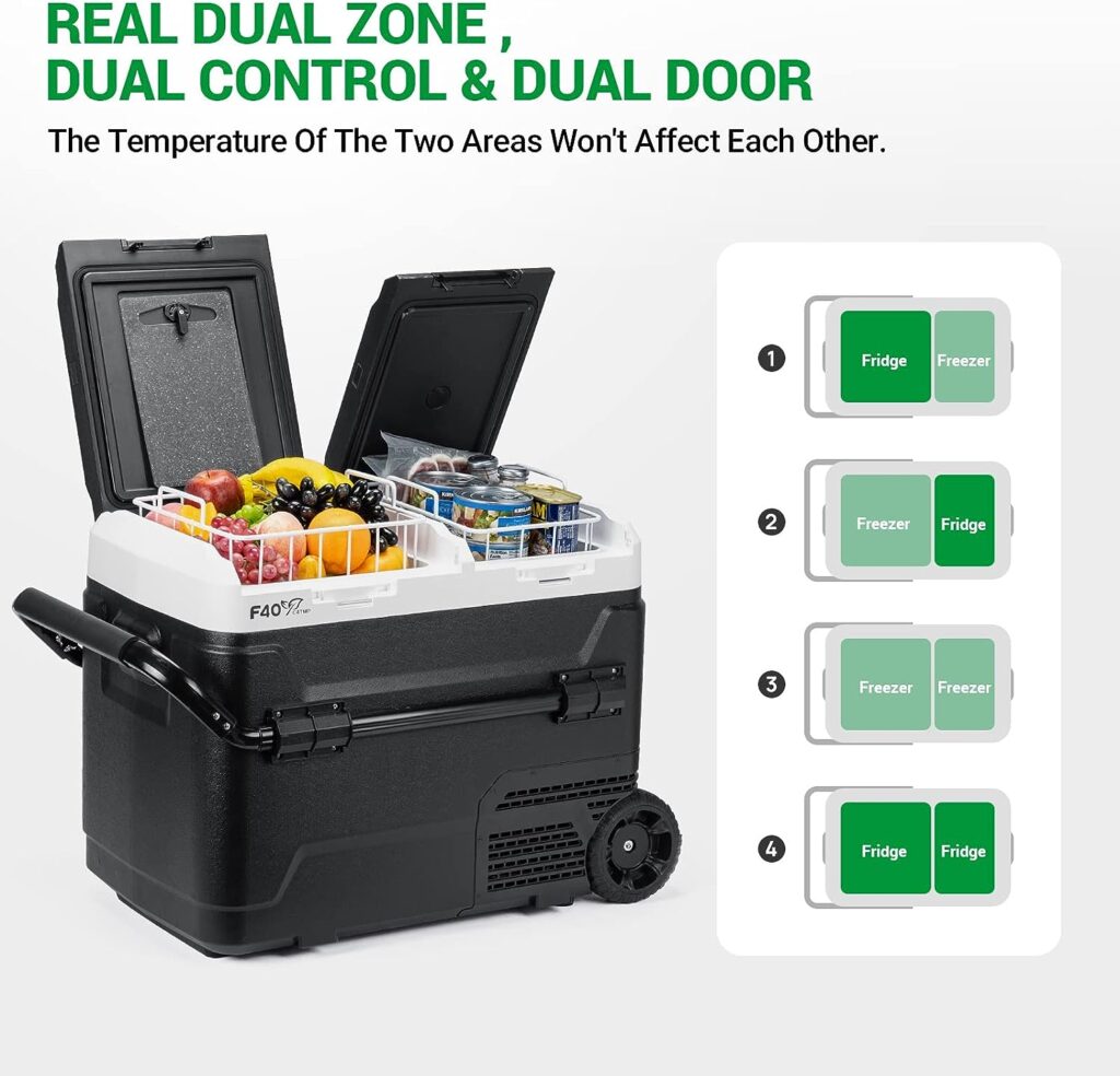 F40C4TMP 12 Volt Portable Refrigerator, 54 Quart Dual Zone Car Freezer With Independent Temperature Control, -4℉ to 68℉,51L Compressor Fridge With Wheels  2 Baskets For Camping, Travel, Road Trip, Vehicle, Car, Truck, Van, RV, Outdoor and Home--12V/24V DC  110V AC