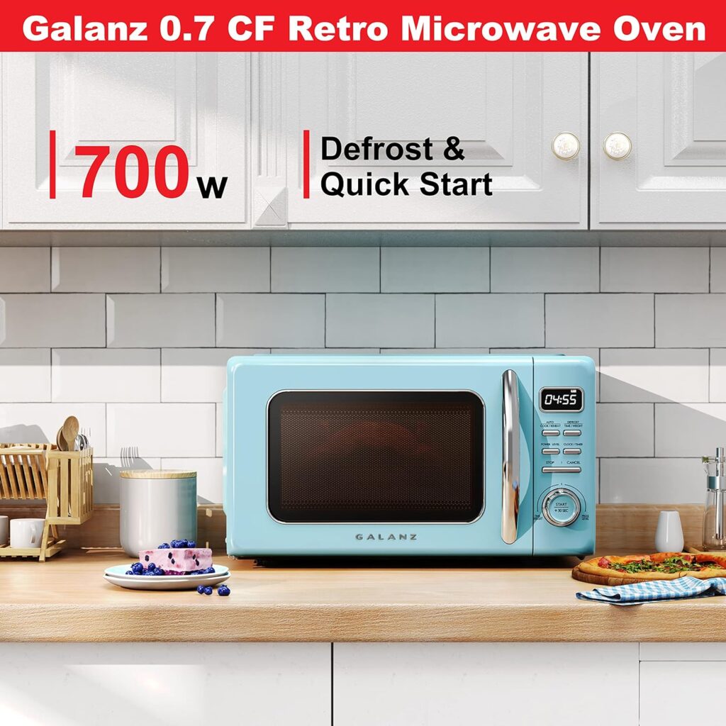 Galanz GLCMKZ07BER07 Retro Countertop Microwave Oven with Auto Cook  Reheat, Defrost, Quick Start Functions, Easy Clean with Glass Turntable, Pull Handle.7 cu ft, Blue