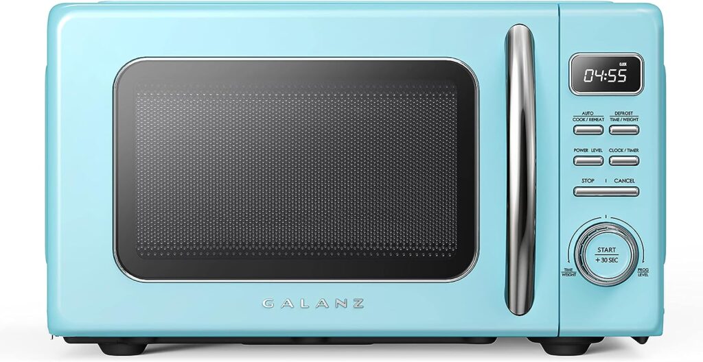 Galanz GLCMKZ07BER07 Retro Countertop Microwave Oven with Auto Cook  Reheat, Defrost, Quick Start Functions, Easy Clean with Glass Turntable, Pull Handle.7 cu ft, Blue