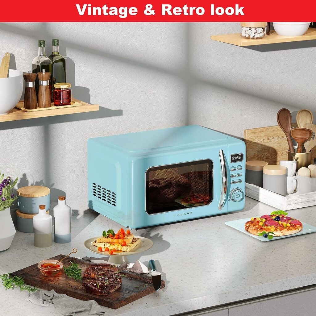 Galanz GLCMKZ07BER07 Retro Countertop Microwave Oven with Auto Cook  Reheat, Defrost, Quick Start Functions, Easy Clean with Glass Turntable, Pull Handle.7 cu ft, Blue