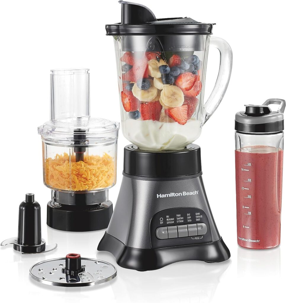 Hamilton Beach Blender for Shakes and Smoothies  Food Processor Combo, With 40oz Glass Jar, Portable Blend-In Travel Cup  3 Cup Electric Food Chopper Attachment, 700 Watts, Gray  Black (58163)