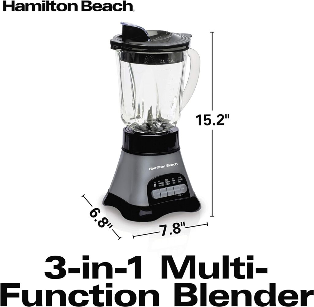 Hamilton Beach Blender for Shakes and Smoothies  Food Processor Combo, With 40oz Glass Jar, Portable Blend-In Travel Cup  3 Cup Electric Food Chopper Attachment, 700 Watts, Gray  Black (58163)