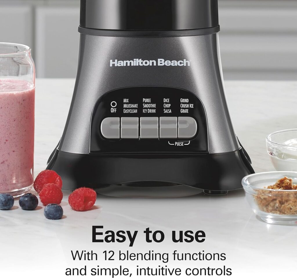 Hamilton Beach Blender for Shakes and Smoothies  Food Processor Combo, With 40oz Glass Jar, Portable Blend-In Travel Cup  3 Cup Electric Food Chopper Attachment, 700 Watts, Gray  Black (58163)