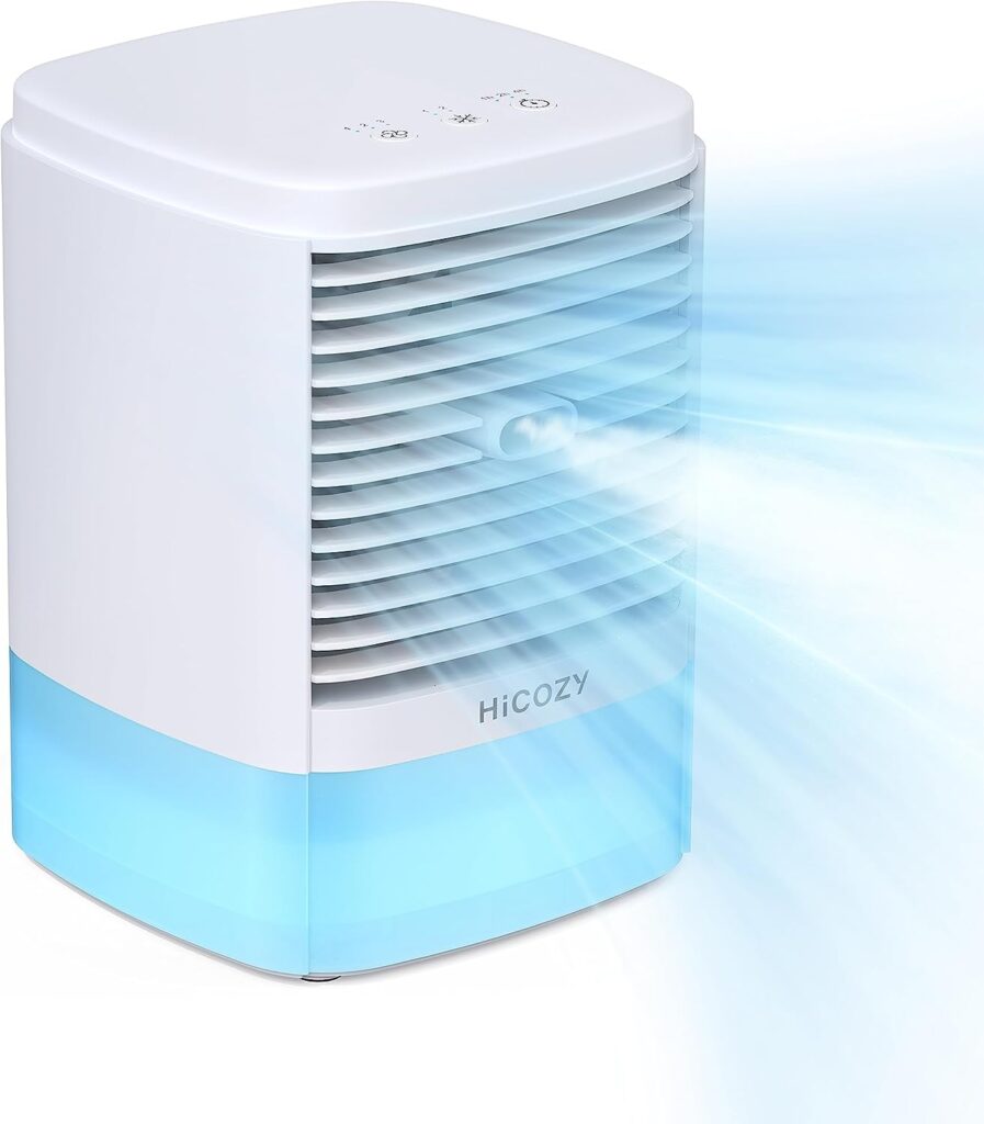 HiCOZY Air Cooler with 2 Ultrasonic Mist Levels  3 Fan Speeds, Evaporative Air Cooler with Detachable 650ml/23oz Water Tank, 3-in-1 Portable Air Cooling Fan for Desktop, Office and Bedroom