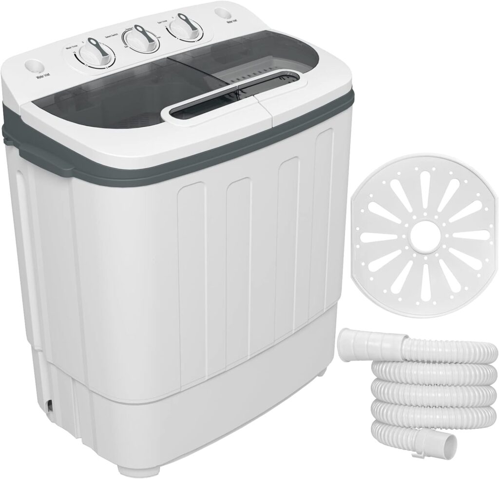 HIGOSPRO Portable Mini Washing Machine, 17 Lbs Capacity Washer and Spinner Combo, 2 in 1 Compact Twin Tub Laundry, Washer(11Lbs)  Spinner(6Lbs) with Built-in Gravity Drain Pump, Ideal for Apartmen, Dorms, and RV Camping