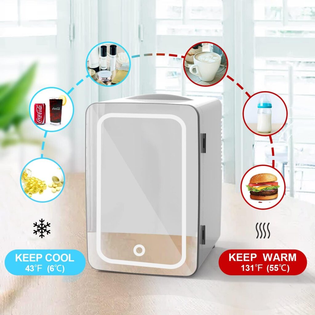 Living Enrichment Mini Fridge 6L Capacity, Portable Small Refrigerator Cooler or Warmer, AC DC Powered, Skincare Fridge with Mirror Door, for Food, Cosmetics, Home, Office and Car - White