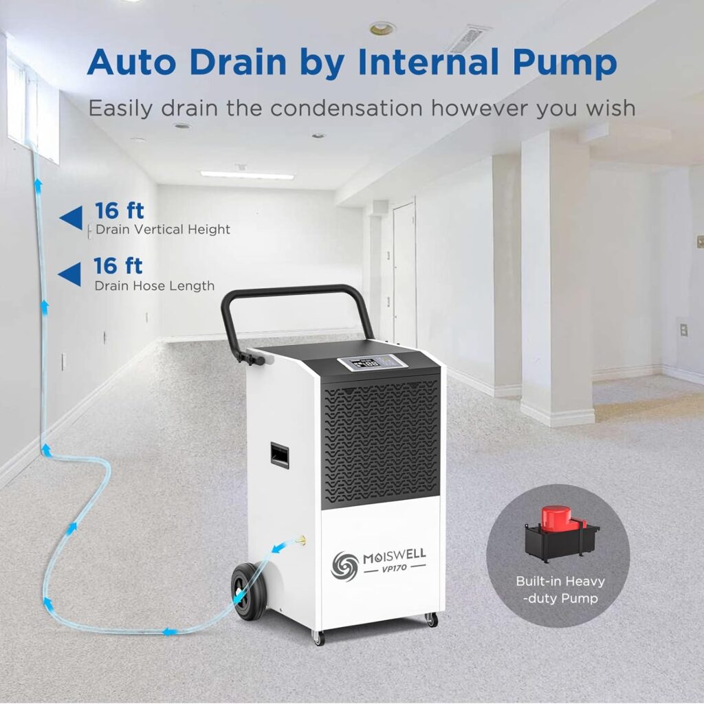 Moiswell 170 Pints Commercial Dehumidifier with Pump and Drain Hose for Basements and Large Spaces up to 7,500 Sq Ft, 5 Years Warranty