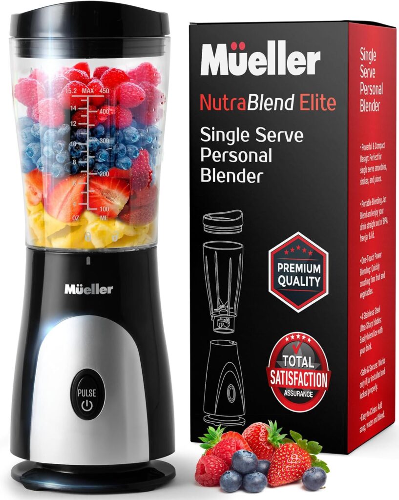 Mueller Ultra Bullet Personal Blender for Shakes and Smoothies with 15 Oz Travel Cup and Lid, Juices, Baby Food, Heavy-Duty Portable Blender  Food Processor, Black