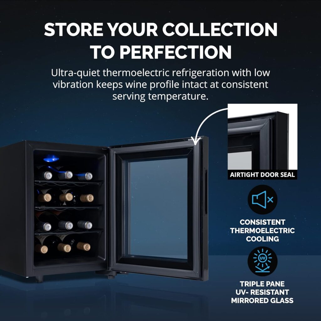 NewAir Shadow-T Series Wine Cooler Refrigerator | 12 Bottle | Countertop Mirrored Compact Wine Cellar with Triple-Layer Tempered Glass Door | Vibration-Free  Ultra-Quiet Thermoelectric Cooling