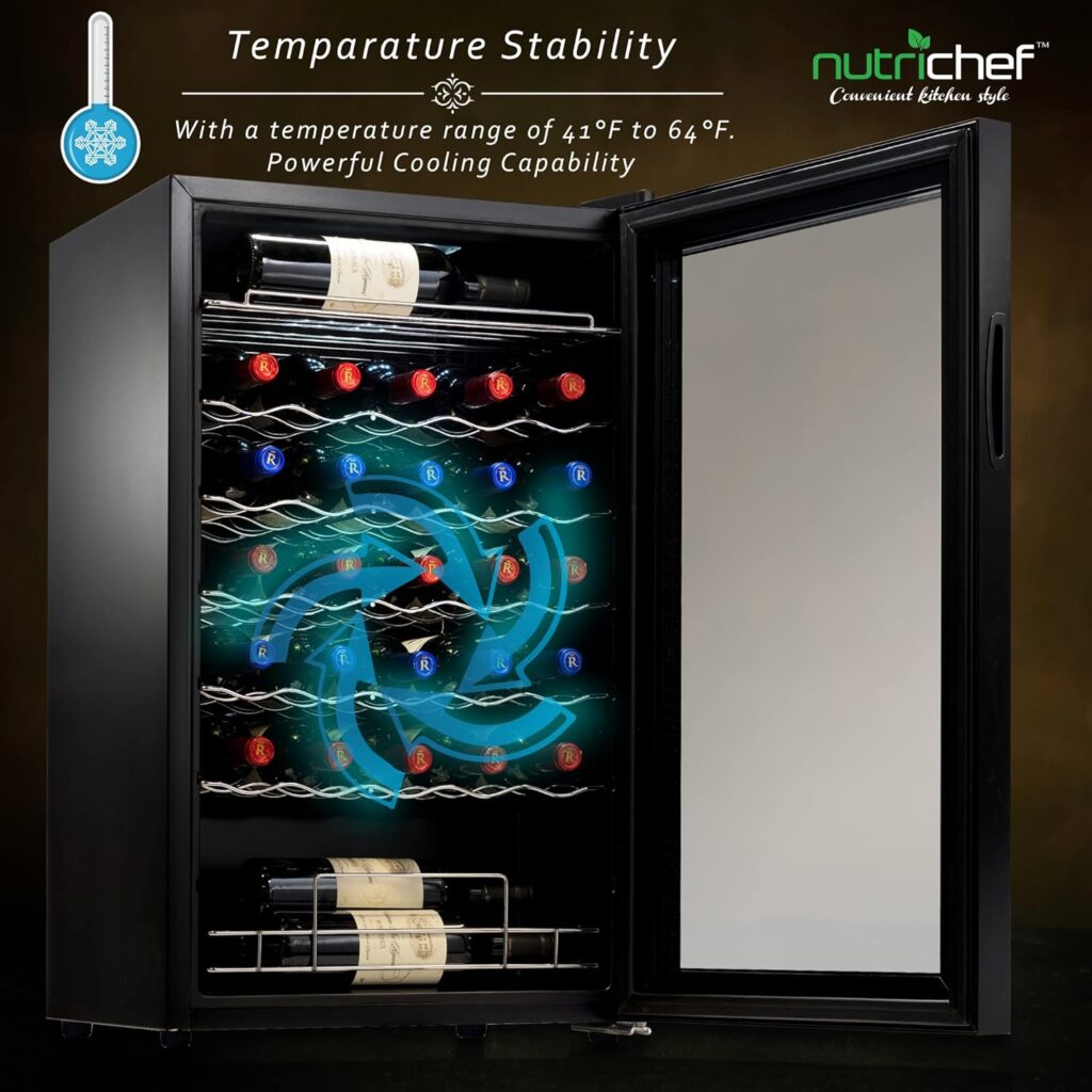 NutriChef 34 Bottle Compressor Wine Cooler Refrigerator Cooling System | Large Freestanding Wine Cellar Fridge For Red And White Champagne or Sparkling, Black Glass Door