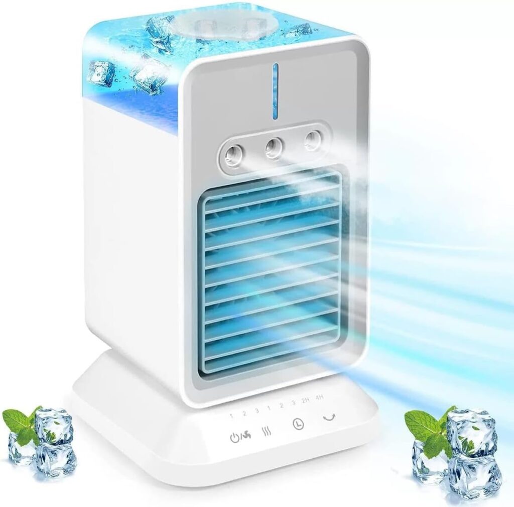 Portable Air Conditioner, 4 IN 1 Evaporative Air Cooler, Personal Mini Air Cooler with 3 Wind Speeds and 3 Cool Mist  2-4H Timer, 90°Rotation Desktop Cooling Fan for for Home Room Camping Car Office