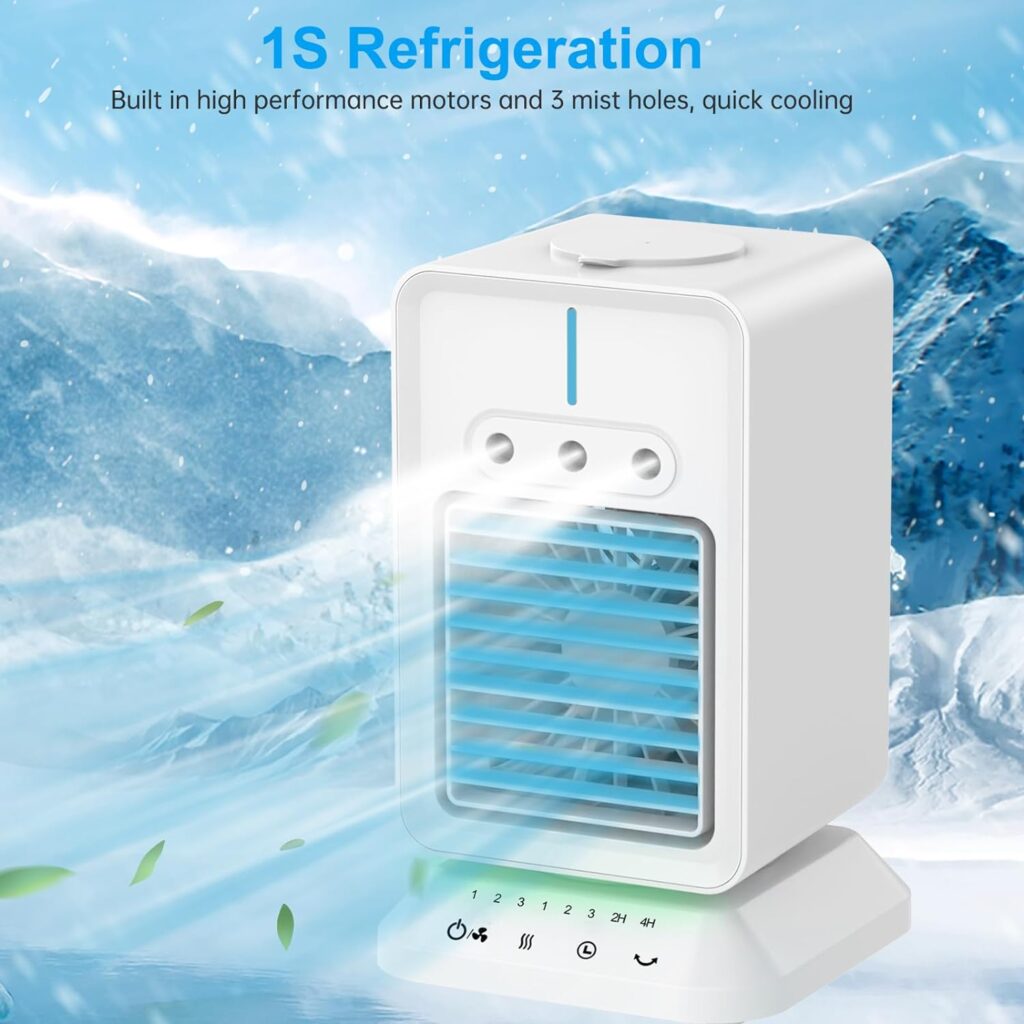 Portable Air Conditioner, 4 IN 1 Evaporative Air Cooler, Personal Mini Air Cooler with 3 Wind Speeds and 3 Cool Mist  2-4H Timer, 90°Rotation Desktop Cooling Fan for for Home Room Camping Car Office