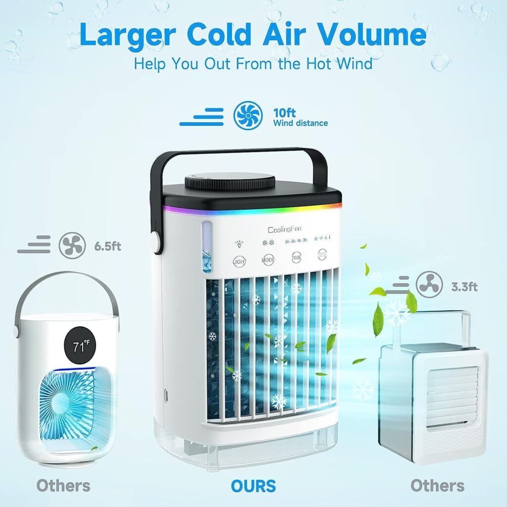 Portable Air Conditioners, Cooling fan Mini Air Conditioner Portable, 4 Wind Speed  7 LED Light, 2 Cool Air Spray  2-8H Timer, Personal Air Conditioner Evaporative Air Cooler for Room/Office