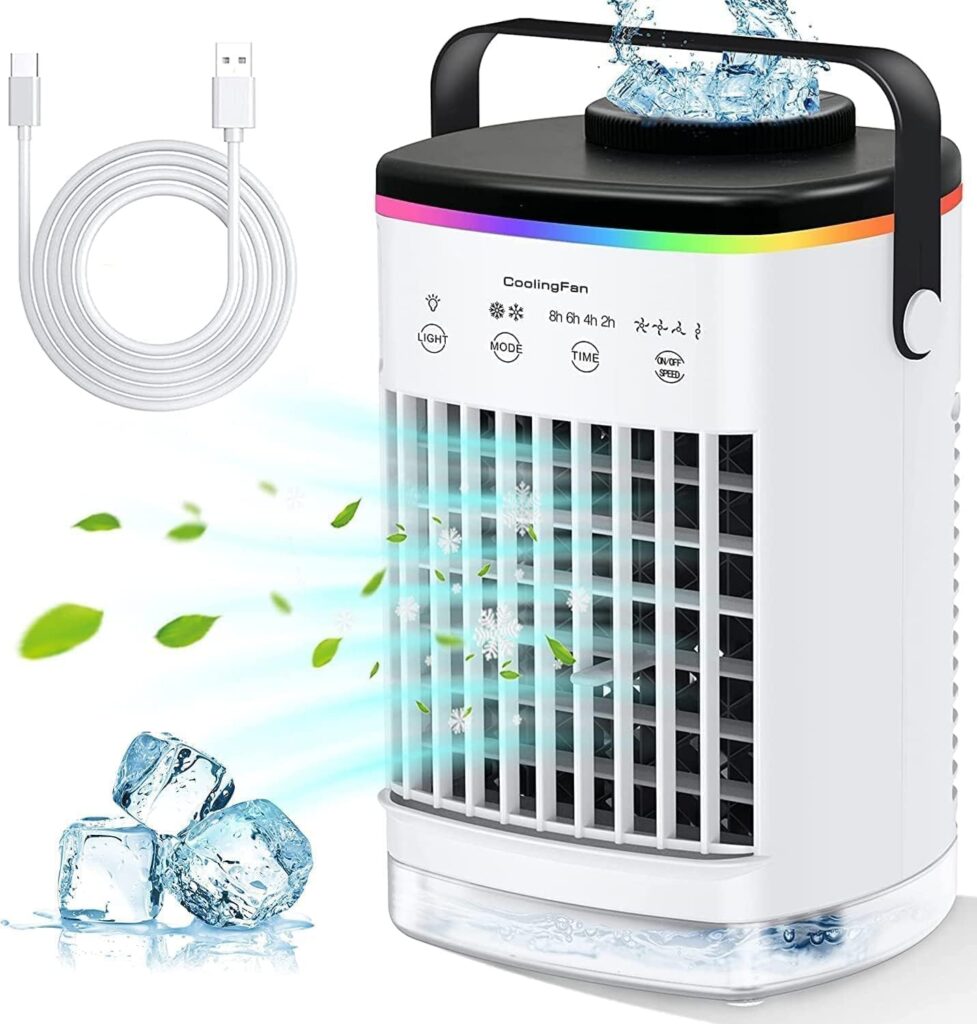 Portable Air Conditioners, Cooling fan Mini Air Conditioner Portable, 4 Wind Speed  7 LED Light, 2 Cool Air Spray  2-8H Timer, Personal Air Conditioner Evaporative Air Cooler for Room/Office